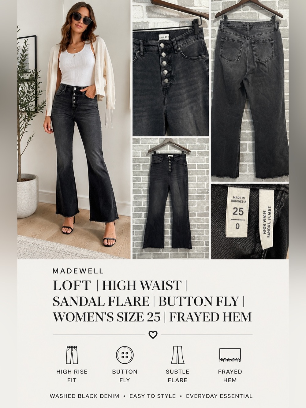 Madewell Loft High Waist Sandal Flare Jeans Black Wash Button Fly Women’s 25